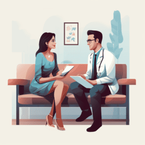cartoon woman talking with doctor, reproductive health