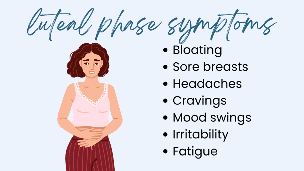 An image showing common luteal phase symptoms such as bloating, mood swings, and breast tenderness.
