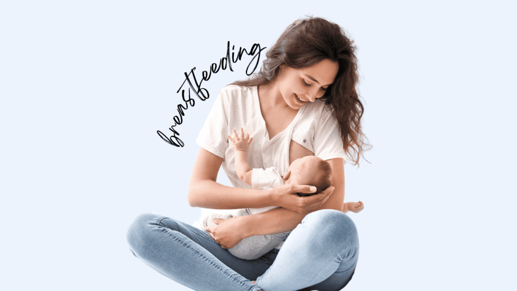 A woman breastfeeding her baby while taking postnatal supplements