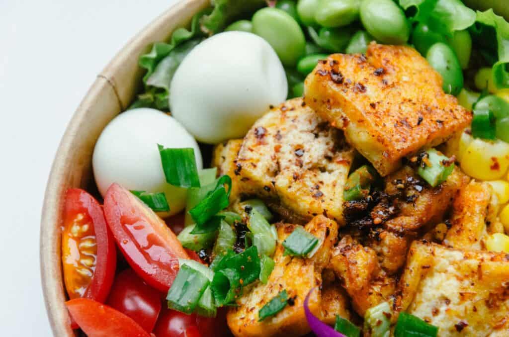 two boiled eggs with soy tofu salad