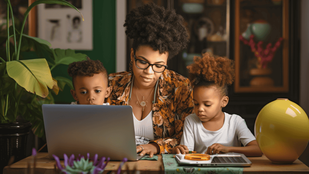An image of a woman working on her laptop while homeschooling her children, representing stay at home mom jobs support for homeschooling families